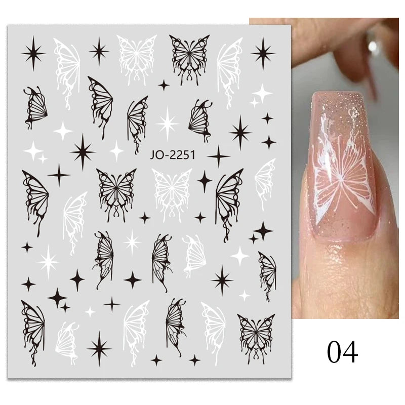 1PCS Schwarz Weiß Schmetterling Laser Nagel Aufkleber Y2K Nail art Dekoration Abstrakte Linien Bronzing Blumen Aufkleber Für Nägel
