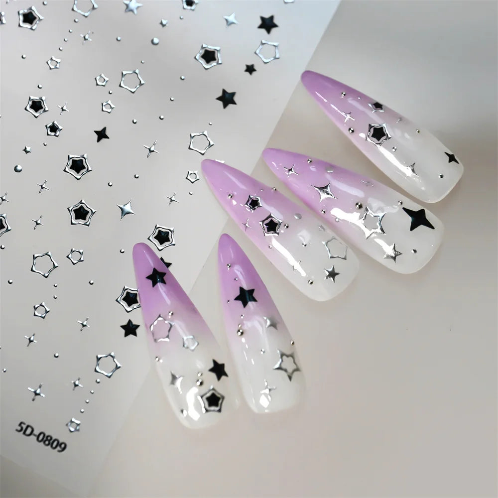 1 Stück 5D schwarze und silberne Stern-Nagelaufkleber Y2K hohler fünfzackiger Stern selbstklebende Nagelaufkleber Stern DIY Maniküre-Dekorationen11