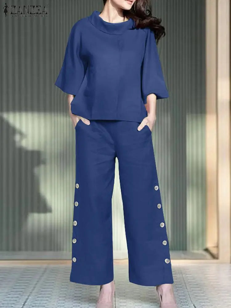 2 Stück Damen Hosen Sets Zanzea Sommer solide ol passende Sets o Hals 3/4 Ärmel Bluse weites Bein Hose lässig locker Arbeits anzug