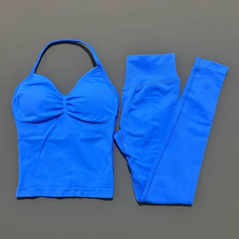 HISTELLO Gym-Leggings-Set, 2-teilig, für Damen, Yoga, lang, mit Trägern, nahtlos, Fitness-Kleidung, Laufen, Workout, Sport-Tops, Outfit