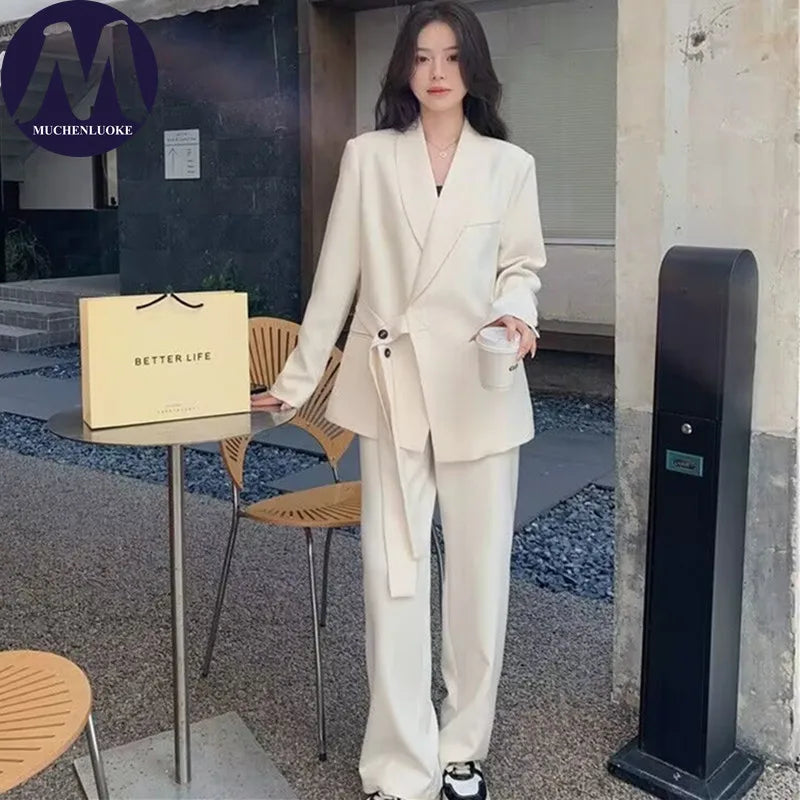 Damen Koreanische Mode Langarm-Blazer und Weite Hosen Zweiteiler Set Büro Casual Locker Sitzende Frühling Herbst Anzüge