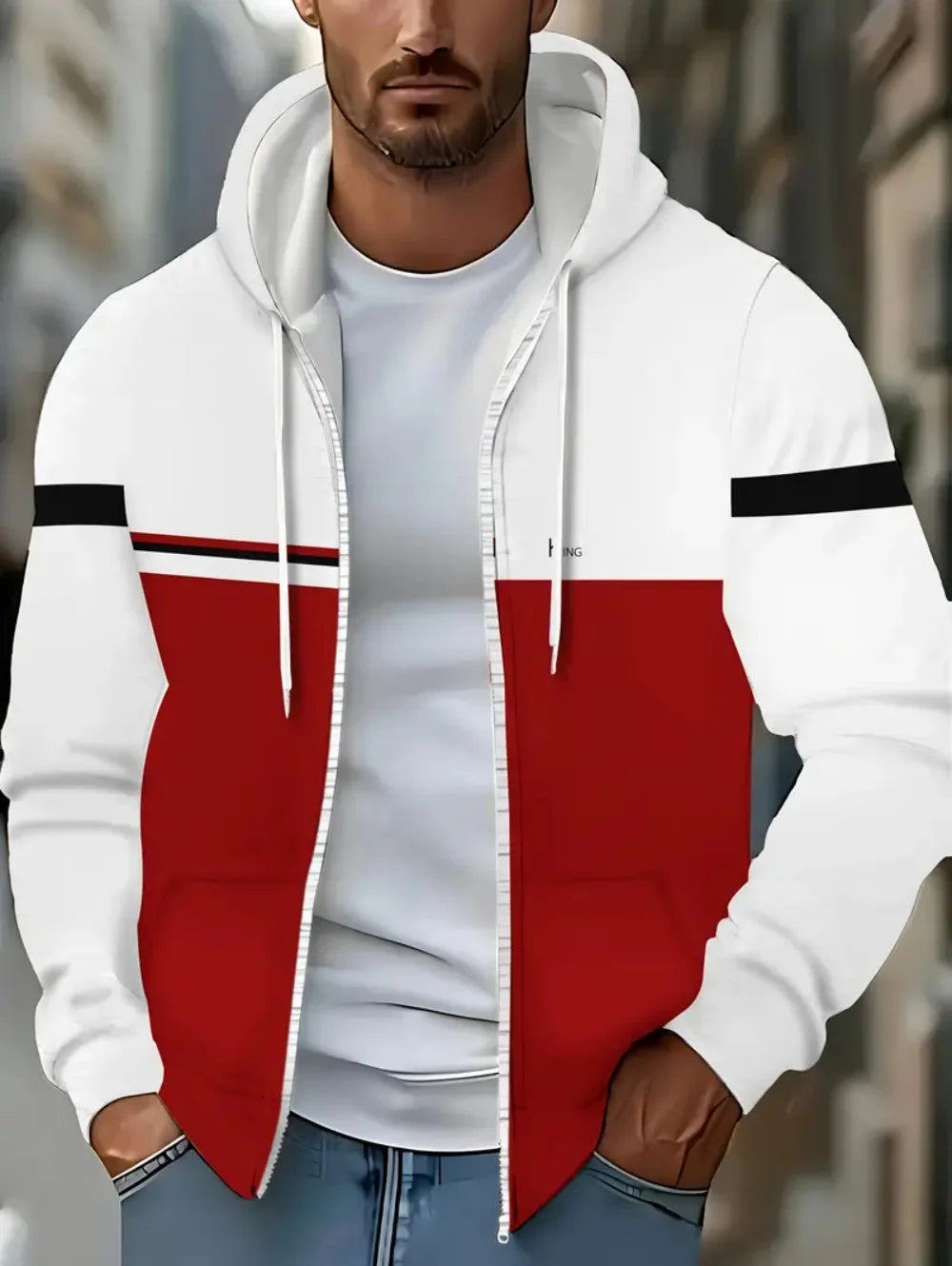 Lässiges, gestreiftes Herren-Sweatshirt mit Kapuze und durchgehendem Reißverschluss, Outdoor-Kleidung, glatte Kapuzentaschen mit Kordelzug, einfache gestreifte Sportbekleidung für Herren