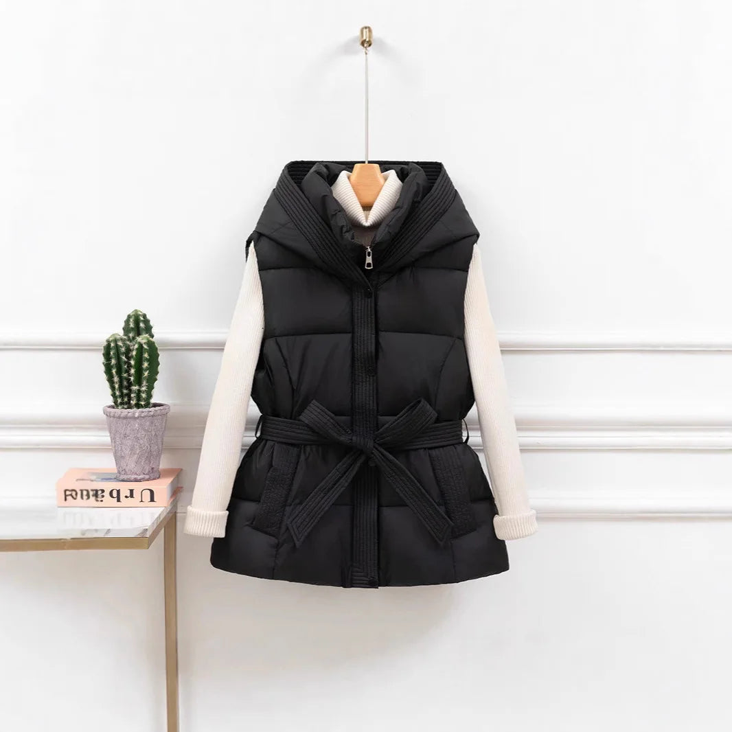 Gesteppte Pufferweste für Damen, verdickt, warm, Winter-Kapuzenmantel, einfarbig, ärmellos, gepolstert, Oberbekleidung, abgeschnittener Mantel mit Knopf und Reißverschluss