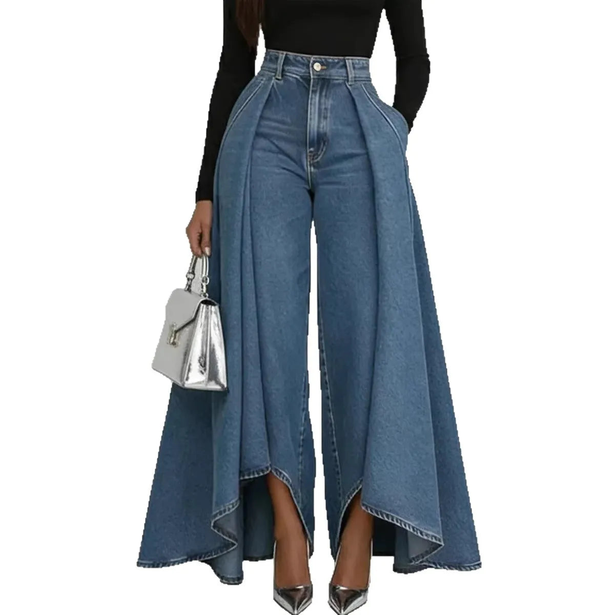 Damen-Jeans mit hoher Taille und weitem Bein, Overlay-Flare-Denim-Hose mit Taschen für Damen, elegante, modische lange Jeans im High-Street-Stil