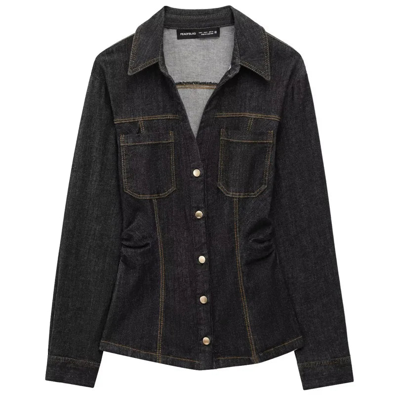 HXAO Schwarze Denim-Hosen-Sets für Damen, zweiteiliges Set, schmales Langarm-Shirt, 2-teiliges Set, Damen-Outfit, ausgestelltes Hosen-Set mit hoher Taille