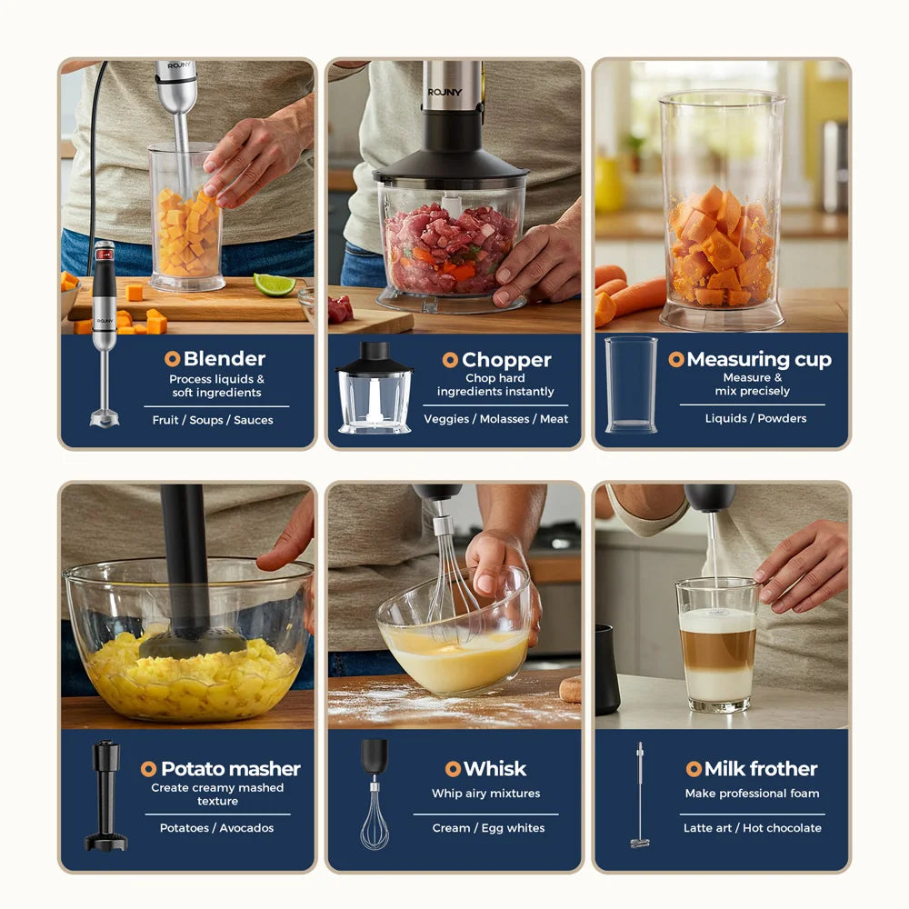 ROUNY 6-in-1 Stabmixer-Set, Max. 1500W Eintauch-Stabmixer mit Edelstahlklingen für die Heimküche