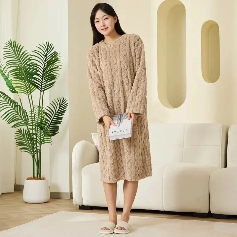 Frauen Korallen Fleece Nachtwäsche Herbst Winter Verdickt Warme Lose Lange Robe Pyjamas Homewear Casual Oberbekleidung Nachthemd