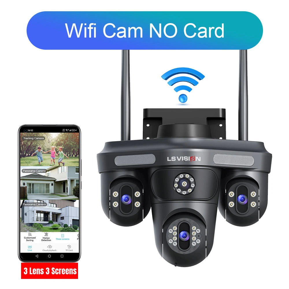 LS VISION 15 MP WLAN-Kamera mit drei Bildschirmen für den Außenbereich, drei 360° ° Rotation PTZ IP Kamera Human Auto Tracking Videoüberwachung Cam CCTV