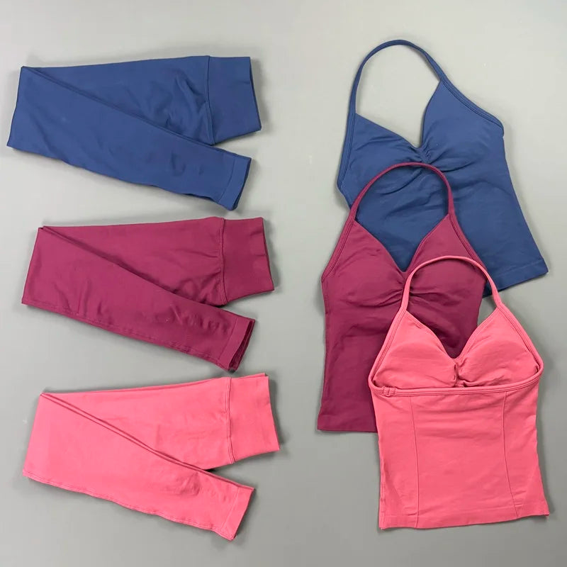 HISTELLO Gym-Leggings-Set, 2-teilig, für Damen, Yoga, lang, mit Trägern, nahtlos, Fitness-Kleidung, Laufen, Workout, Sport-Tops, Outfit