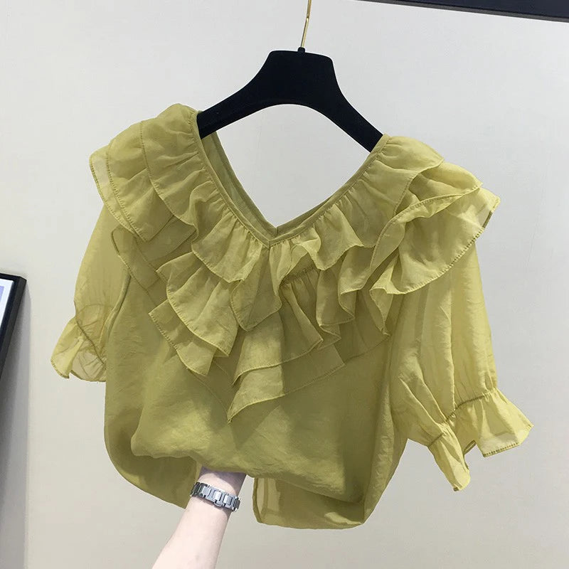 ZANZEA Frauen Feste Rüschen Bluse Vintage 3/4 Ärmel V-ausschnitt Chemise 2024 Sommer Büro Chiffon Shirts Casual Lose Nähte Tops