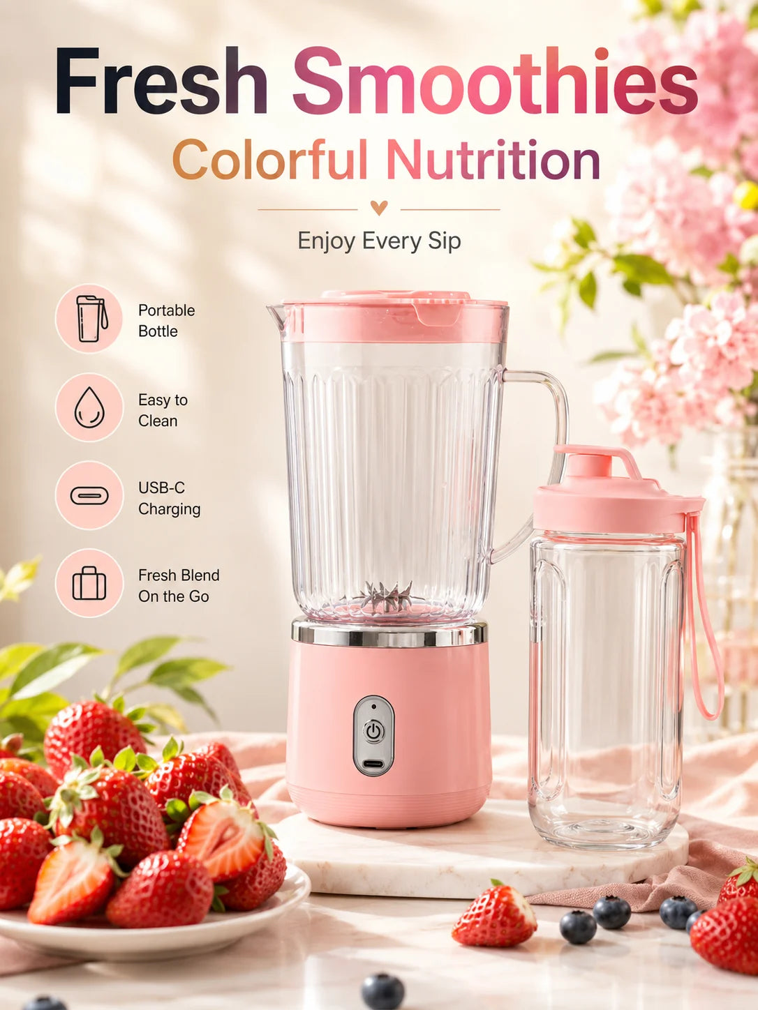 Kompakter 20cm Mini-Standmixer, 800ml großes Fassungsvermögen, USB-Ladefunktion, 304 Edelstahlklinge, Smoothie-Entsafter-Becher, leicht zu reinigen