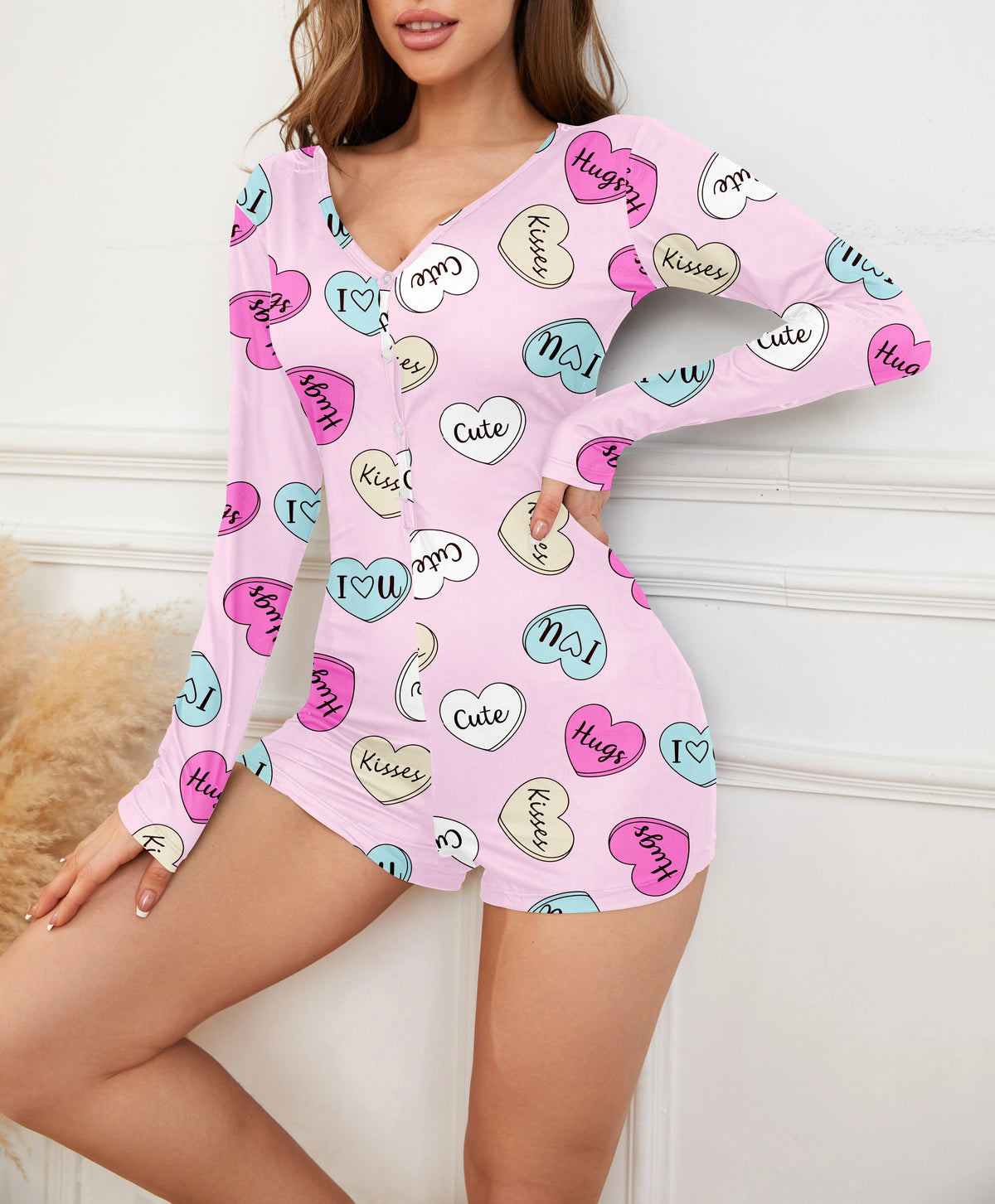 Damen-Pyjama-Set, Herz- und Buchstaben-Aufdruck, einteilig, kurzärmelig, Strampler, Nachtwäsche, kurzärmelige Nachtwäsche mit Hose, Pyjama-Set