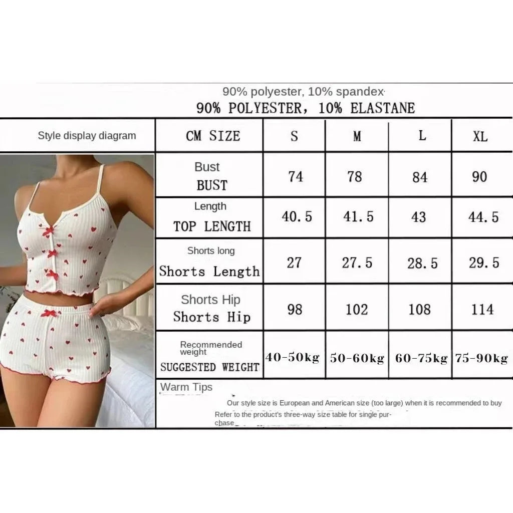 FINETOO Damen 2-teiliges Camisole-Top mit durchgehender Herzdruck und Shorts, Pyjama-Set, Schleife vorne, Nachtwäsche, Loungewear für Nachtwäsche