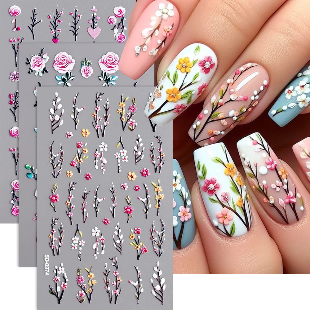 1 Stück 5D geprägte Lavendelblume Nagelaufkleber Frühling Blumenblätter selbstklebende Schieber Rose Schmetterling Aufkleber Maniküre Dekoration