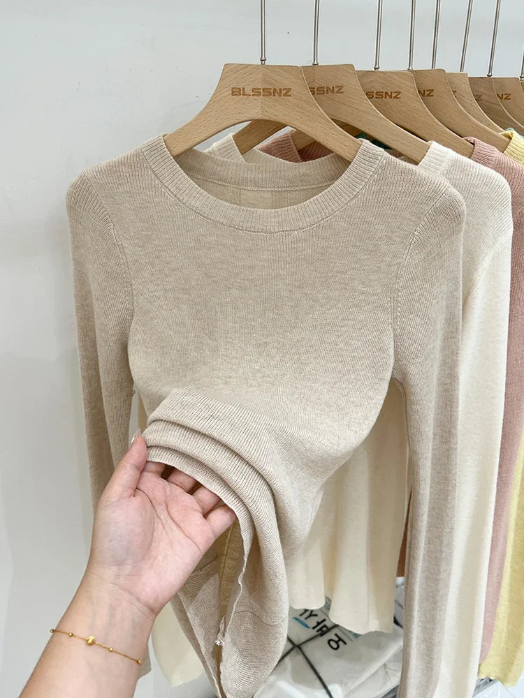 Frühling Grundlegende Oansatz Dünnes T-Shirt Frauen Solide Multi Farbe Alle-Spiel Trend Casual Top Schraube Stricken Langarm Elastische büro Dame