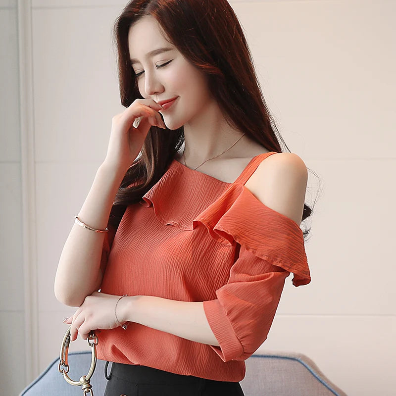 Damen-Oberteil, One-Shoulder-Bluse mit Rüschen, Kurzarm-Chiffonbluse