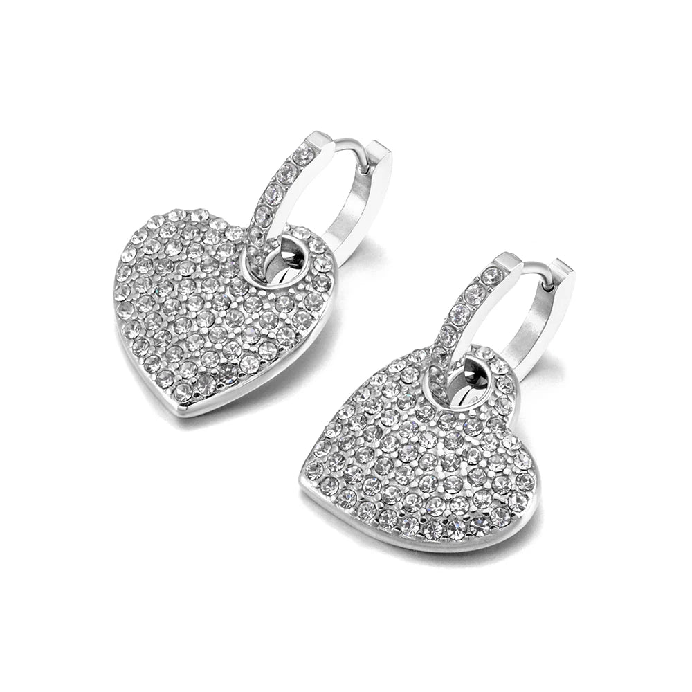 JeeMango Luxuriöse romantische Liebes-Herz-Creolen für Damen, Edelstahl, Zinkon-Kristall, Hochzeit, Brautohrringe, Schmuck E26036