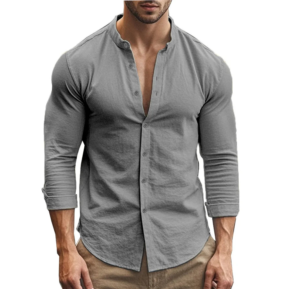 Henry-Hemden für Herren, Baumwolle, Leinen, schmale Passform, kausal, hawaiianisch, einfarbig, Basic-Stil, Frühling und Sommer, atmungsaktive Herrenbekleidung