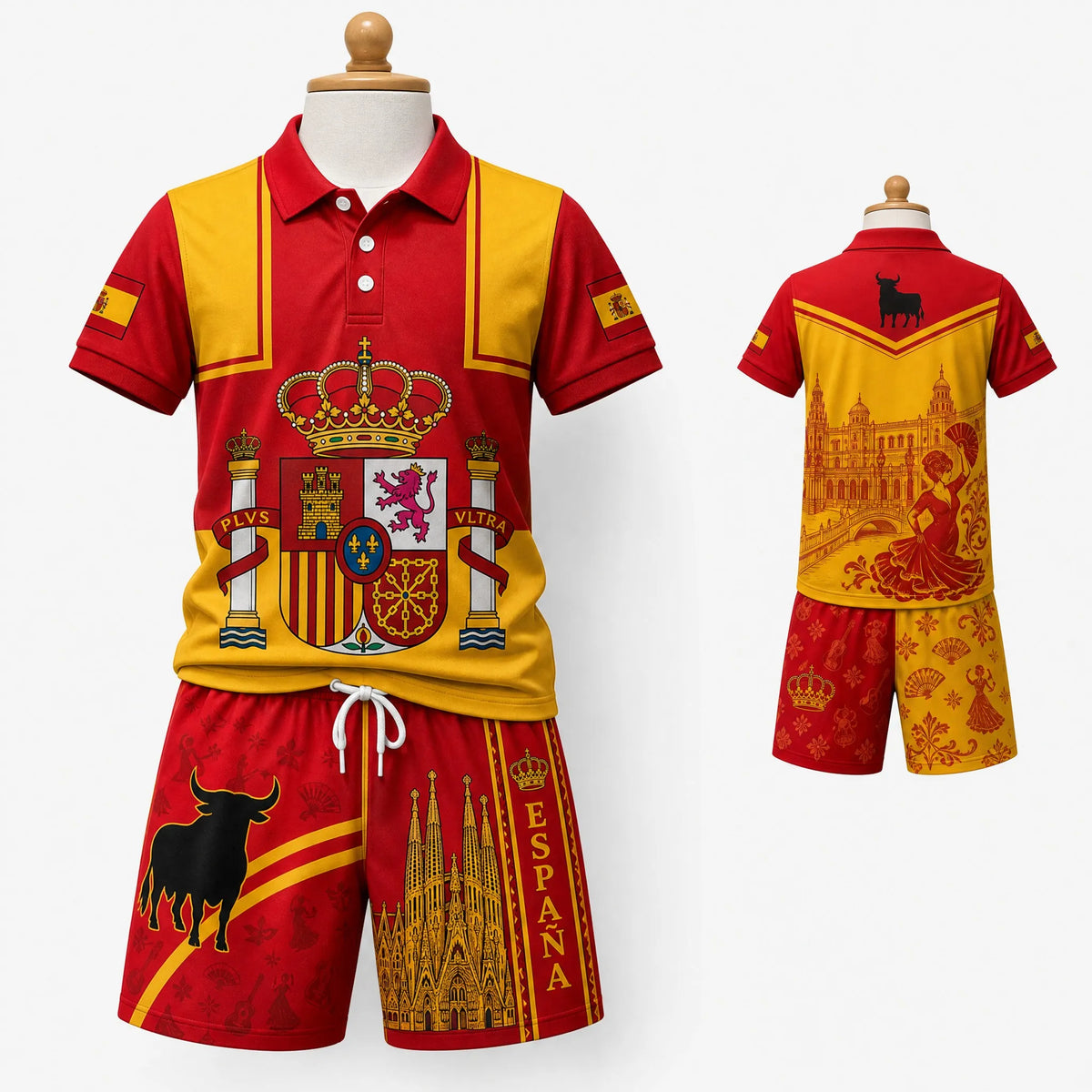 Kinder Spanien Polo-Shirt und Shorts Set für Jungen und Mädchen, Passendes Sommer-Outfit in Rot-Schwarz mit Wappen und Stier-Grafik, Lässiges Reise- und Urlaubsoutfit