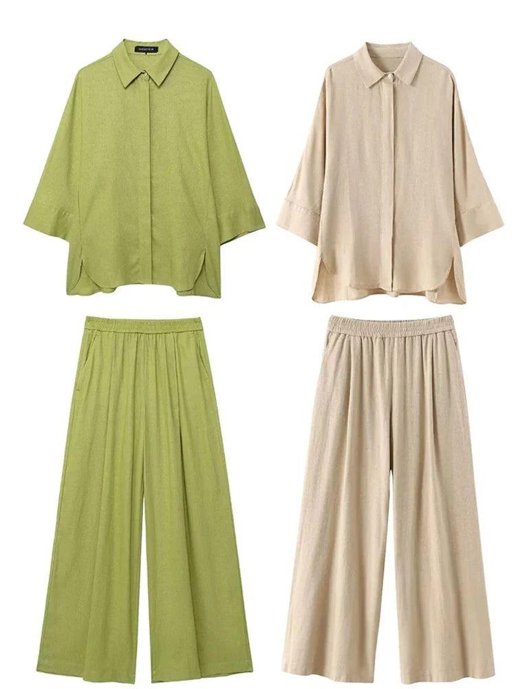 HH Frauen Casual Solide Lose Hemd Hosen Anzug 2024 Langarm Revers Shirts Elastische Taille Breite Bein Hosen Büro Dame set