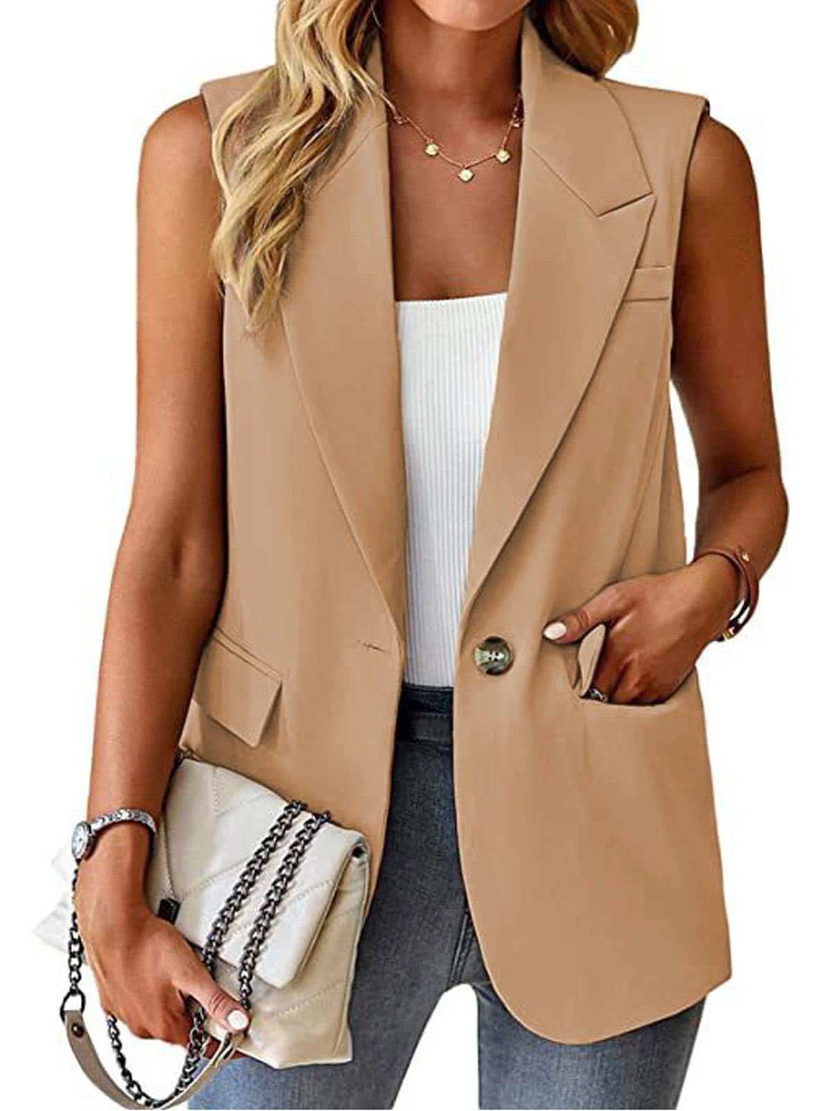 2025, ärmellose Blazer-Weste für Damen, lässige Büroweste, schmale Passform, Frühlings- und Sommer-Cardigan, Top, elegante Arbeitskleidung, Jacke