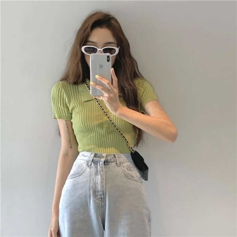 Neues Polo Damen T-Shirt Geripptes Strick-Oberteil Sexy Sommer Basic Shirts Figurbetontes Slim Casual Kurzarm-Top Damen-Oberteil Weiß Schwarz