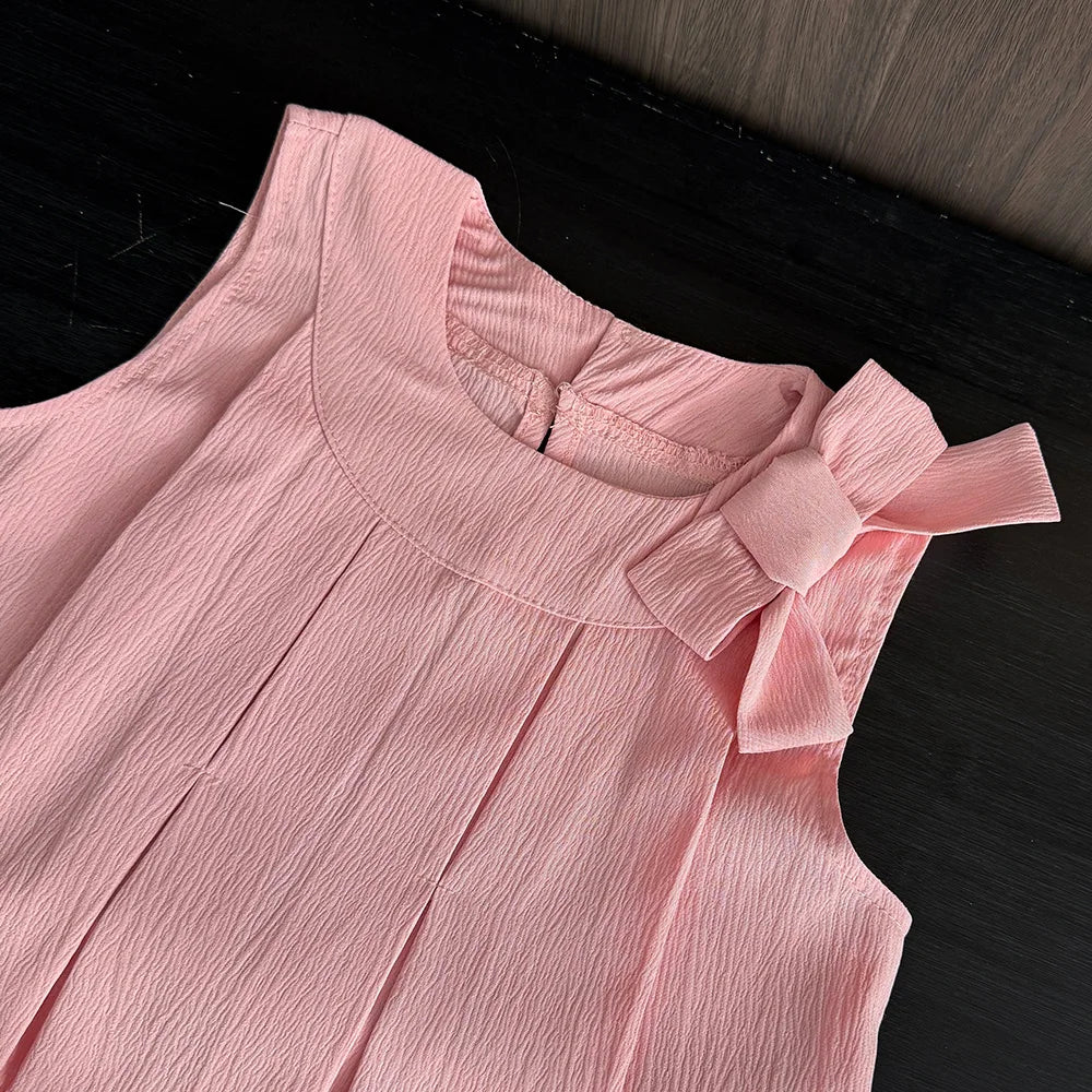 Bär Führer Süße Rosa Mädchen Kleidung Sommer Ärmellose Bogen Dekoration Plissee Weste + Shorts 2 Stück Olid Farbe Casual kinder Set