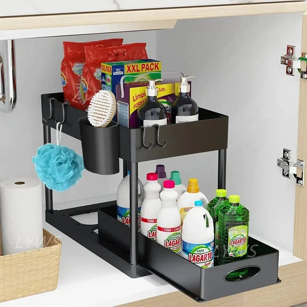2-stufiger verschiebbare Aufbewahrungskorb unter der Spüle, multifunktionales Organizer-Rack mit Haken, hängende Tasse, platzsparend für Badezimmer und Küche