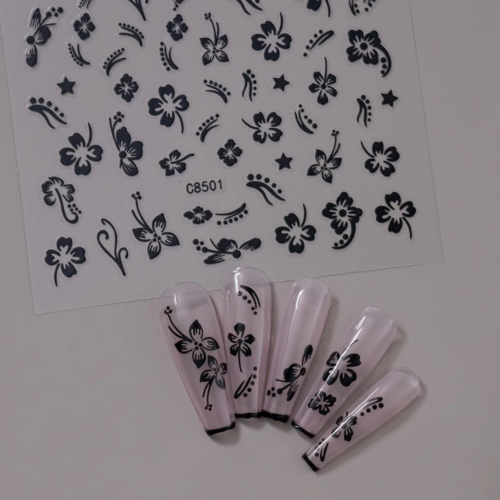 1/4/8 Stück 3D Hibiskus-Blumen Nagelaufkleber in Gemischten Farben Weiß Schwarz Rot Rosa Gold Silber Blühende Blütenblätter Selbstklebende Abziehbilder für Nägel