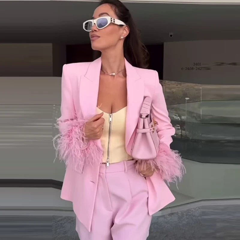 HXAO Damenanzüge, Blazer und Hose, langärmelig, formelle Hosen-Sets, 2-teiliges Set, Büro, lässig, rosa Anzug, Blazer-Sets, zweiteilig