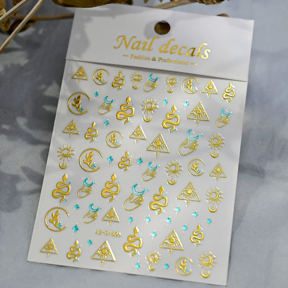 1 Blatt Smaragdgrün Gold Stern Mond Nagelaufkleber Bohemian Hot Stamping Metallic Nagelaufkleber Türkis Maniküre Sliders für Frauen