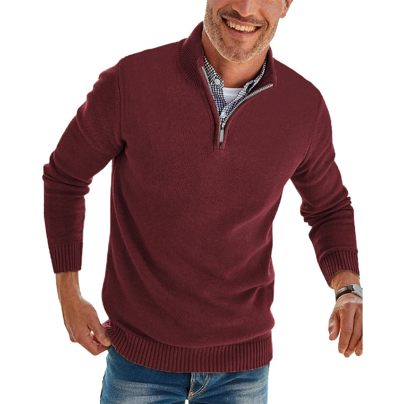 Herren-Pullover mit Viertelreißverschluss, langärmelig, schmale Passform, Stehkragen, lässiger Strick-Polo-Pullover, warmer Rollkragenpullover für den Winter