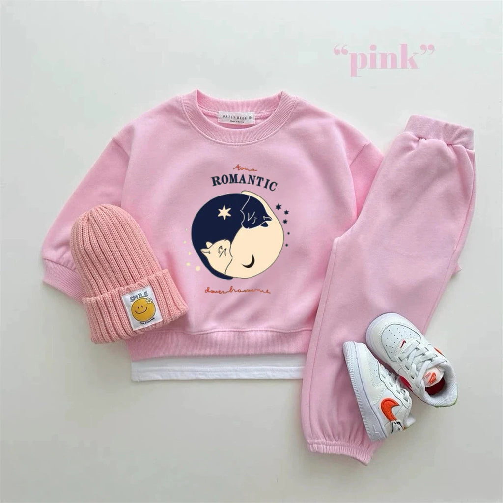 Cartoon-Print Sweatshirts+Hosen 2-teiliges Set Bedruckter Hoodie Weite Hosen Outfits für Jungen Mädchen Kleinkinder Neues Design Hoodie Weite Hosen