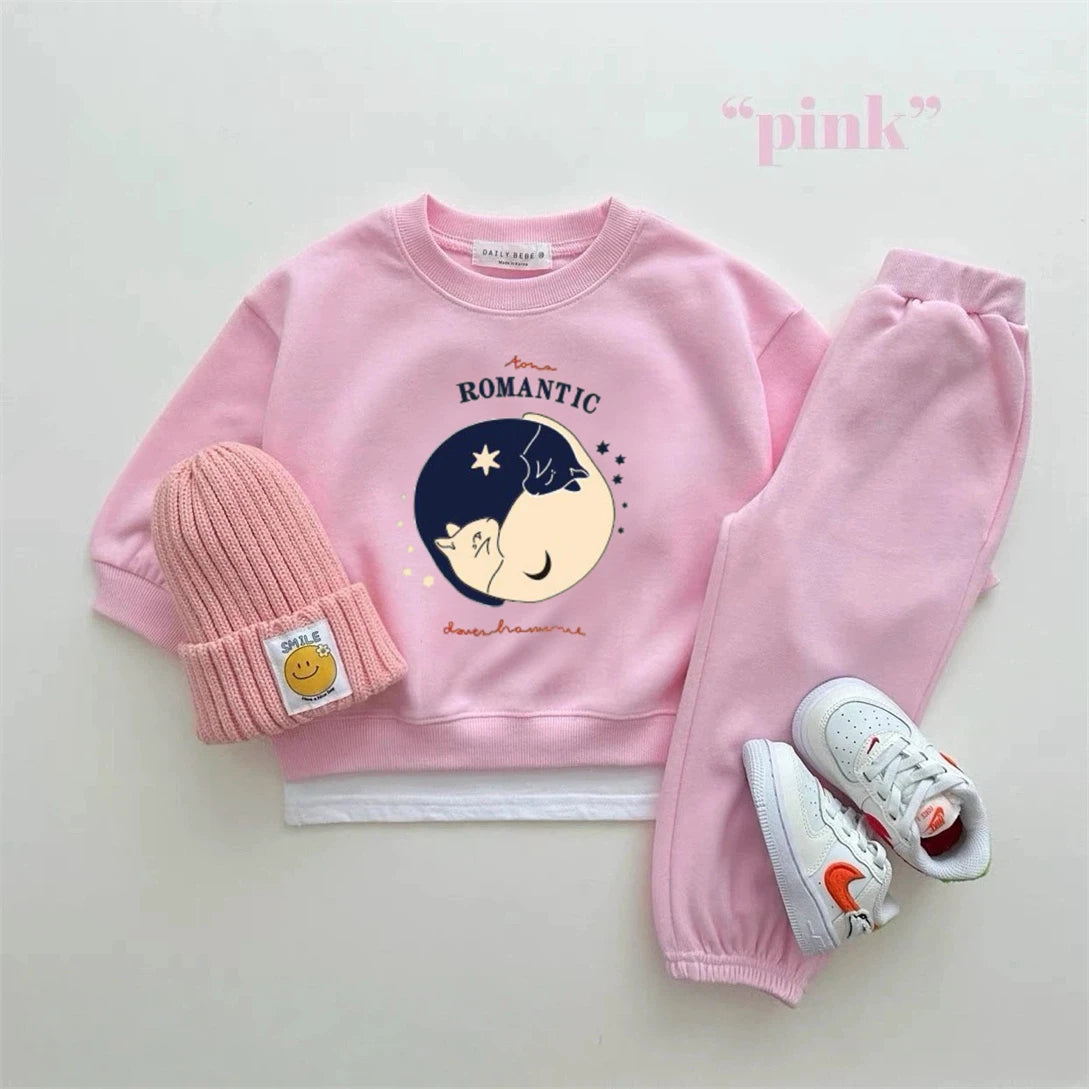 Cartoon-Print Sweatshirts+Hosen 2-teiliges Set Bedruckter Hoodie Weite Hosen Outfits für Jungen Mädchen Kleinkinder Neues Design Hoodie Weite Hosen