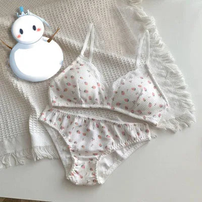 Süßes japanisches Lolita-BH-Set mit Kirsch-Erdbeer-Druck, kabellos, nicht gepolstert, Bralette, Anti-Durchhängen, Komfort, Körbchengröße AB, MOYISU 32–38 Sexy