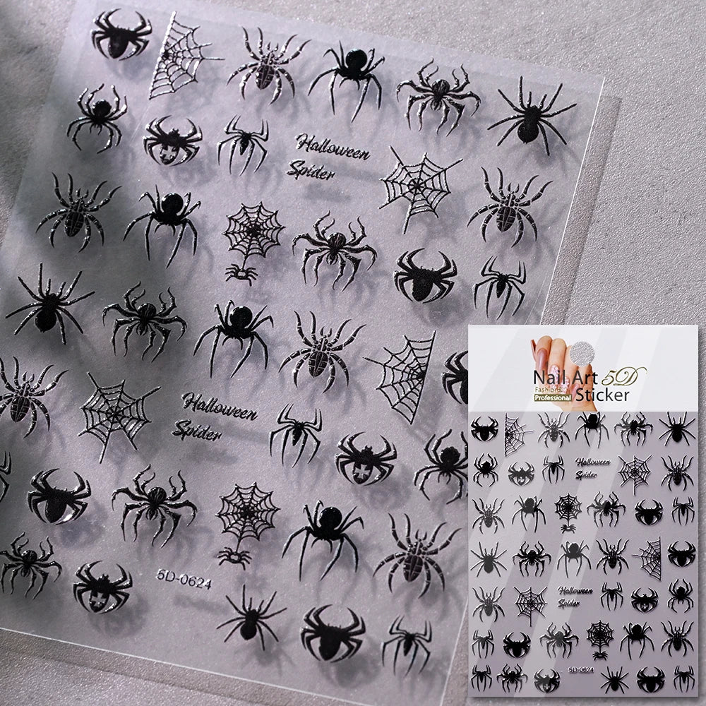 5D Halloween Geist Fledermaus Kürbis Nagel Aufkleber Glänzende Spinne Skelett Vintage Kreuz Nagel Aufkleber Halloween Gruselige Nagel Slider Decora