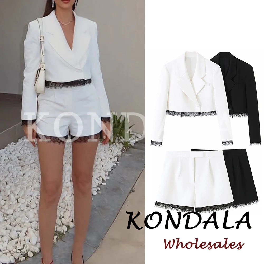 KONDALA Vintage Elegantes Damen-Frühlings-Set 2026: Kurzer Blazer mit Spitze und Reißverschlusstaschen + Schicke Freizeit-Shorts für Frauen
