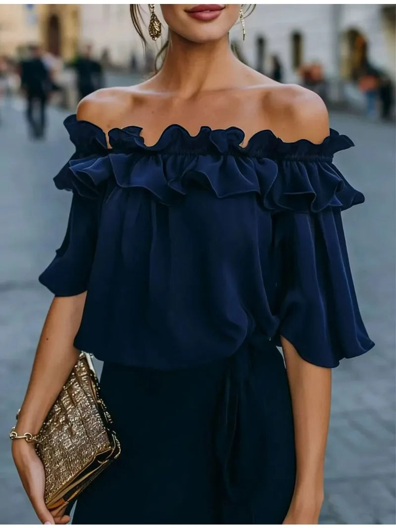 Schulterfreies Rüschenoberteil für Damen, lockere Passform, kurzärmelige Bluse, lässiges Sommerhemd, trendige Mode