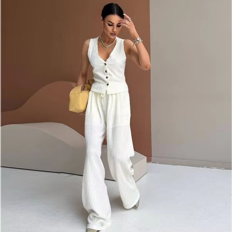 MUJER Damen-Hosen-Sets, strukturierte Hosen-Sets mit hoher Taille für Damen, 2-teilig, ärmellose Weste, Damen-Outfit, Damen-Sets, Damenanzüge