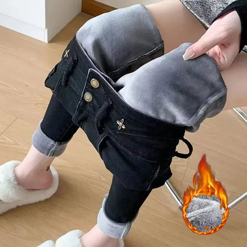 Winter Dame Plüsch Thermische Schmale Gerade Bein Jeans Mädchen Schnee Warme Casual Denim Hosen Frauen Klassische Koreanische Fleece Hosen
