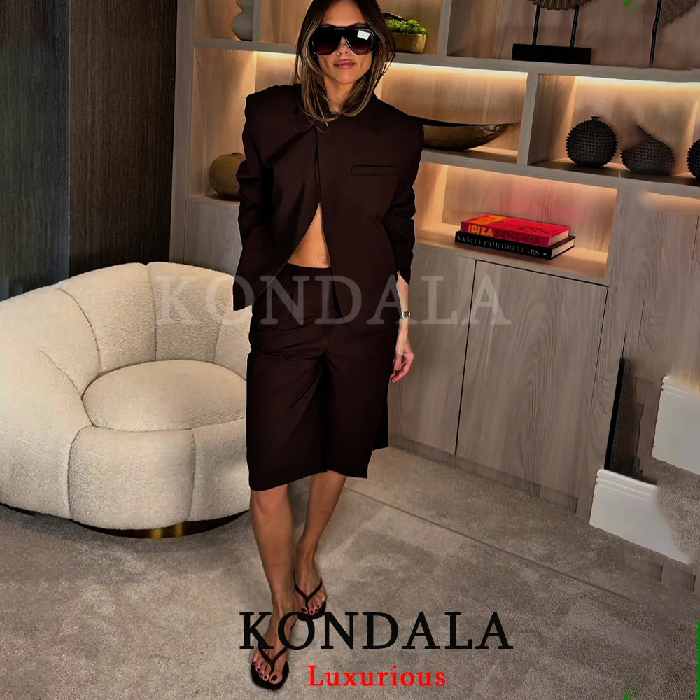 KONDALA Damen Büro-Outfit Lässiger Schicker Brauner Blazer Anzug Langarm-Blazer mit Reißverschluss Halbe Hose Modischer Frühling-Sommer-Anzug 2026