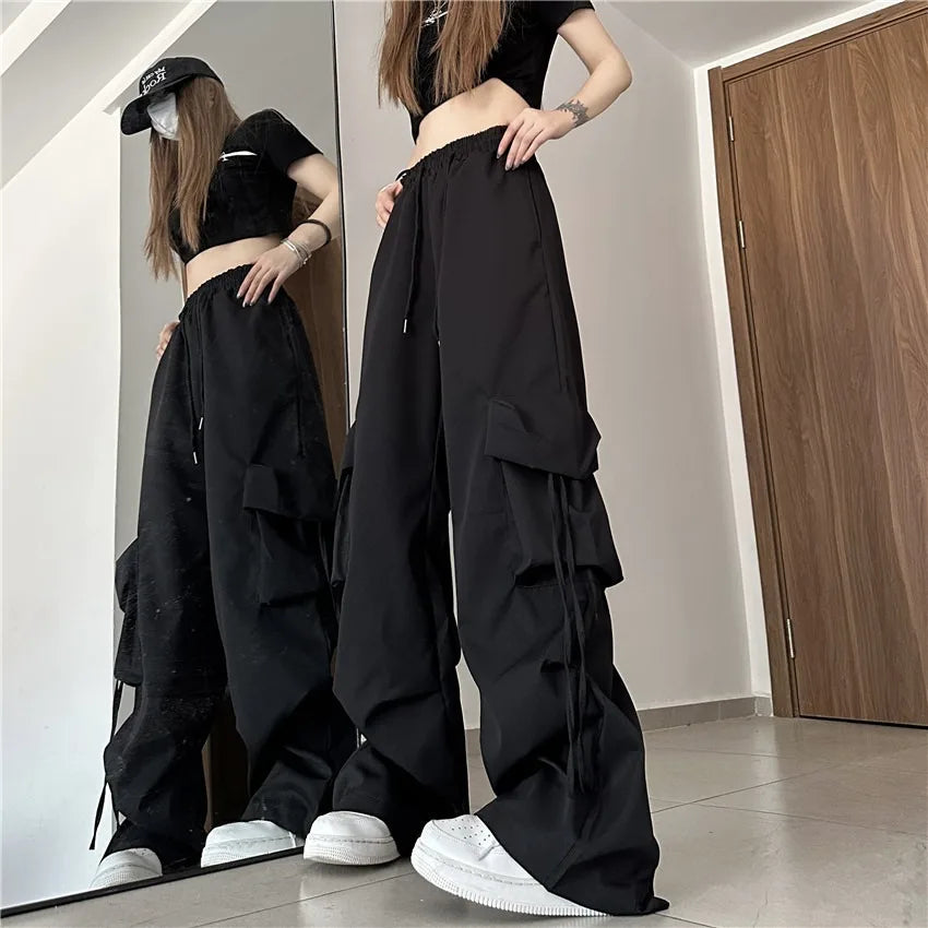 Frauen Y2K Cargo Hosen Hohe Taille Street Hip Hop Hosen Weibliche Große Taschen Casual Niedrigen Taille Kordelzug Baggy Jogginghose
