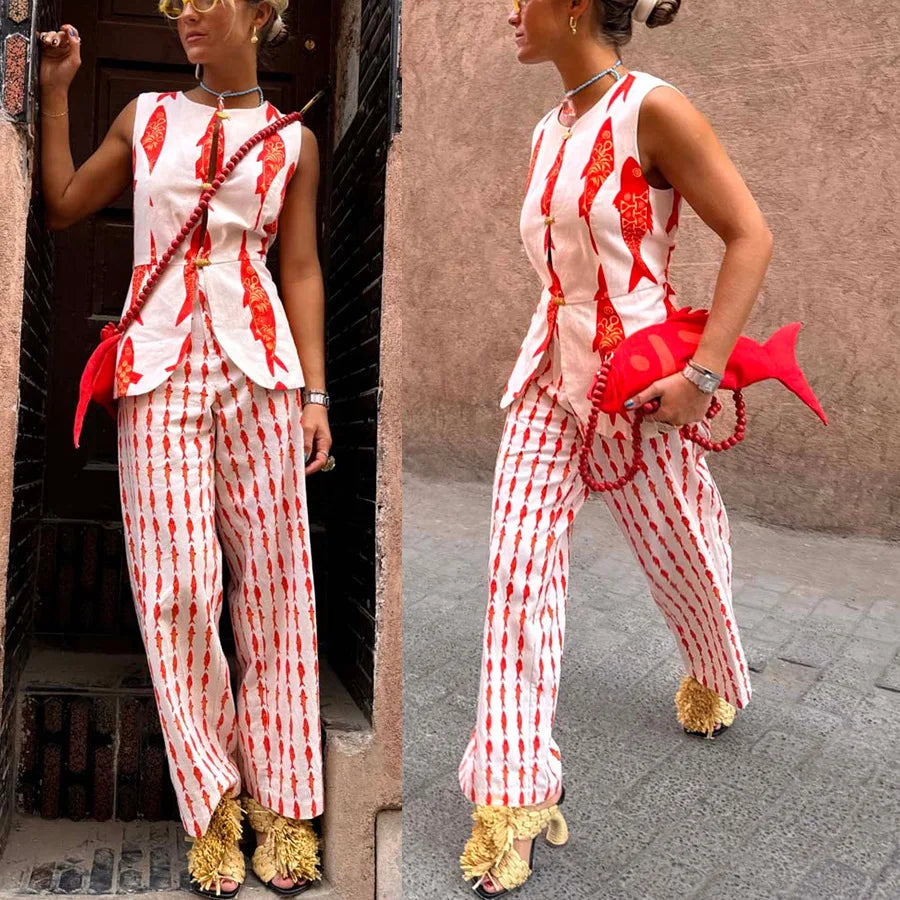 VEITCHE Cartoon Red Fish Print Lange Hosen Set Für Frauen 2025 Sommer Kurzarm Hemd Hohe Taille Breite Bein Hose 2 stück Sets