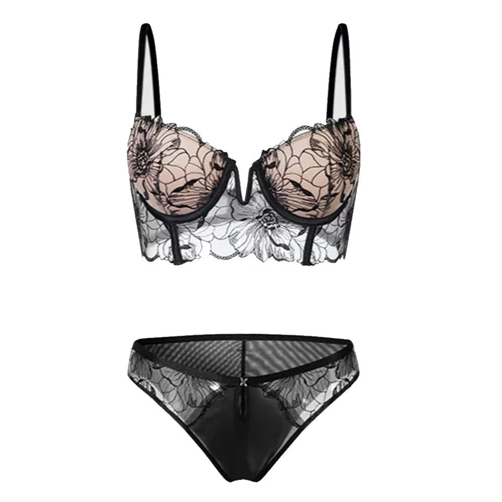 Elegantes Blumenmuster Durchsichtiges Spitzen-Lingerie-Set Damen Bügel-BH mit Langer Wirkung und Slip Hochzeitsnacht Unterwäsche