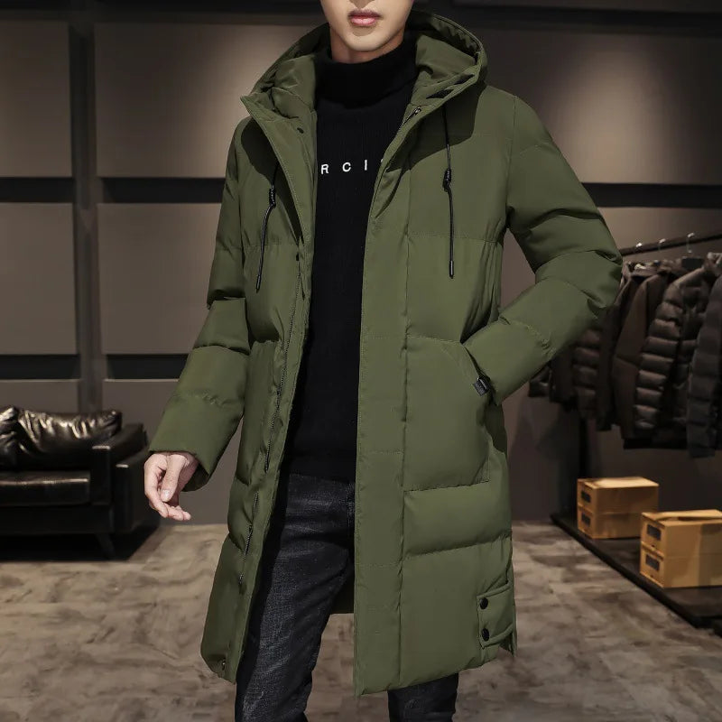 2025 Winter Mann Unten Jacke Einfache Feste Farbe Kalt-beweis Männliche Oberbekleidung Mittlere Länge Lange Sleeve Zipper Täglichen männer Mit Kapuze Mantel