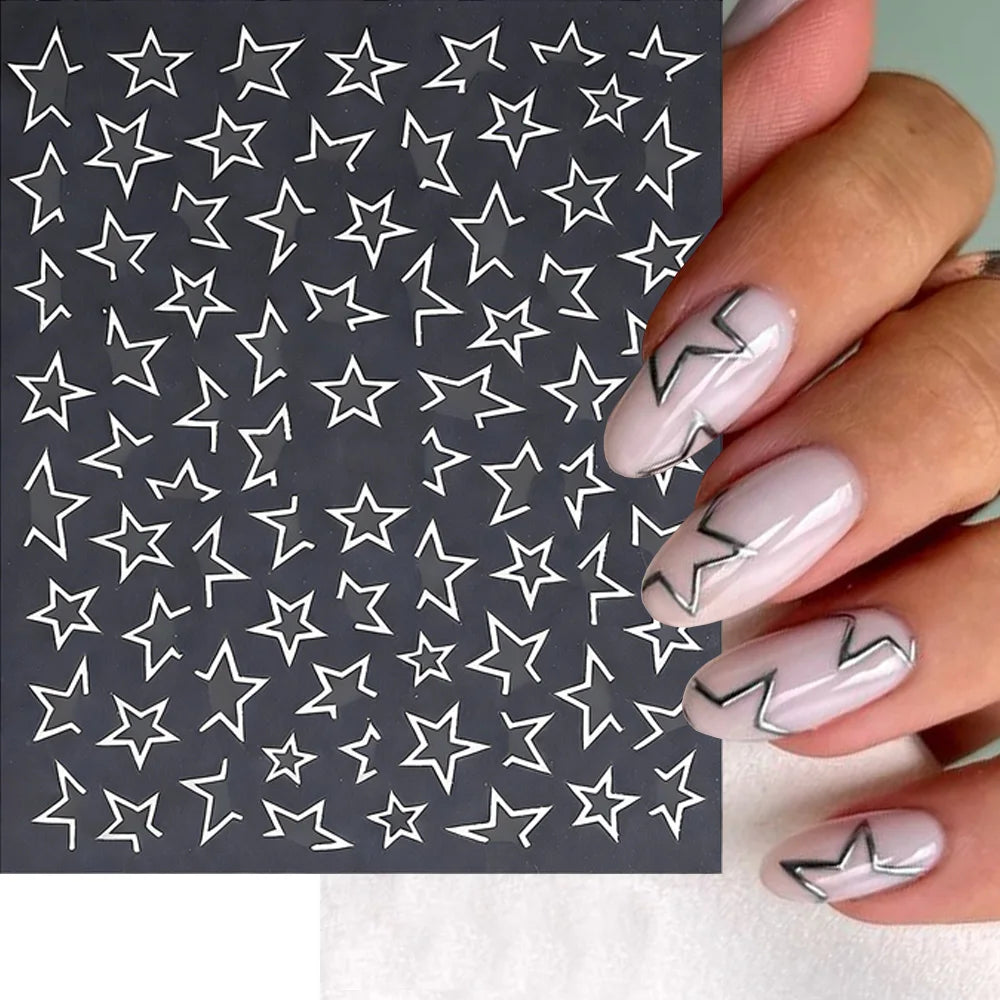1 Blatt Goldene Hohlstern-Nagelkunst-Aufkleber Glänzende Bronzefarbene Gold-Silber-Linien Große Stern-Nagelaufkleber Y2K-Stil Maniküre Slider Wraps