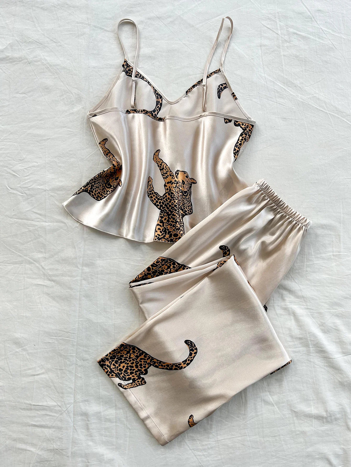 Bequemes, modisches 2-teiliges Pyjama-Set mit Hosenträgern und langen Hosen mit V-Ausschnitt und Leopardenmuster