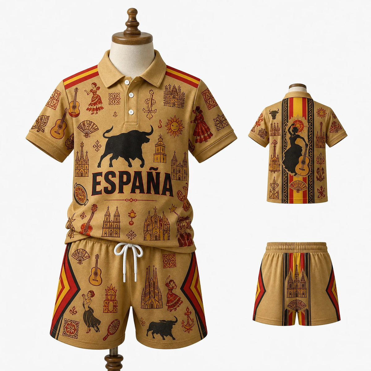 Kinder Spanien Polo-Shirt und Shorts Set für Jungen und Mädchen, Passendes Sommer-Outfit in Rot-Schwarz mit Wappen und Stier-Grafik, Lässiges Reise- und Urlaubsoutfit