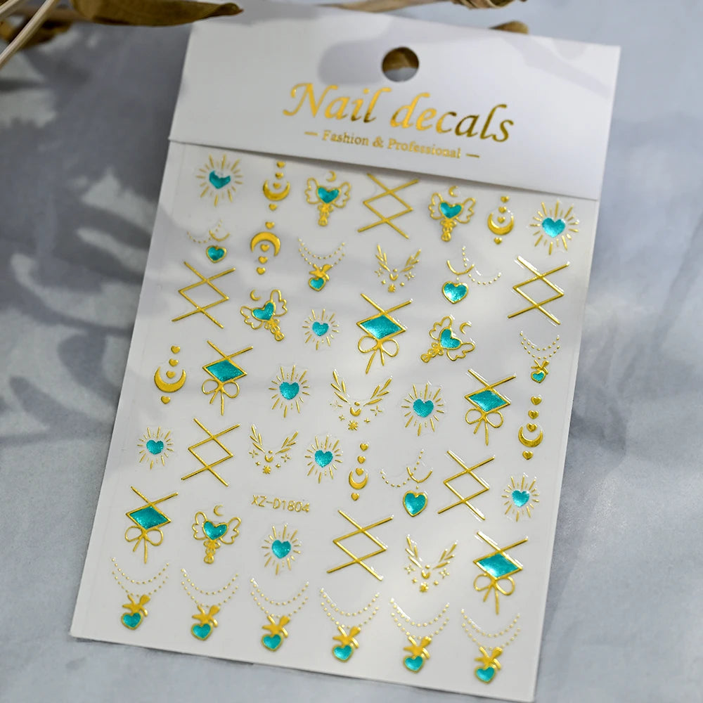 1 Blatt Smaragdgrün Gold Stern Mond Nagelaufkleber Bohemian Hot Stamping Metallic Nagelaufkleber Türkis Maniküre Sliders für Frauen