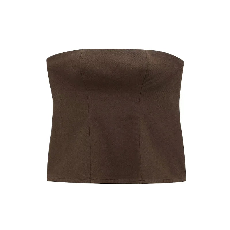 HXAO Braunes Denim-Hosen-Set für Damen, 2025, Frühling, 2-teiliges Set, Outfit, Korsett-Tops, weites Bein, Hosen, modisches, elegantes Hosen-Set